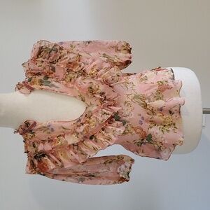 Zara women’s sheer floral top with ruffled neckline & waistline size S like new